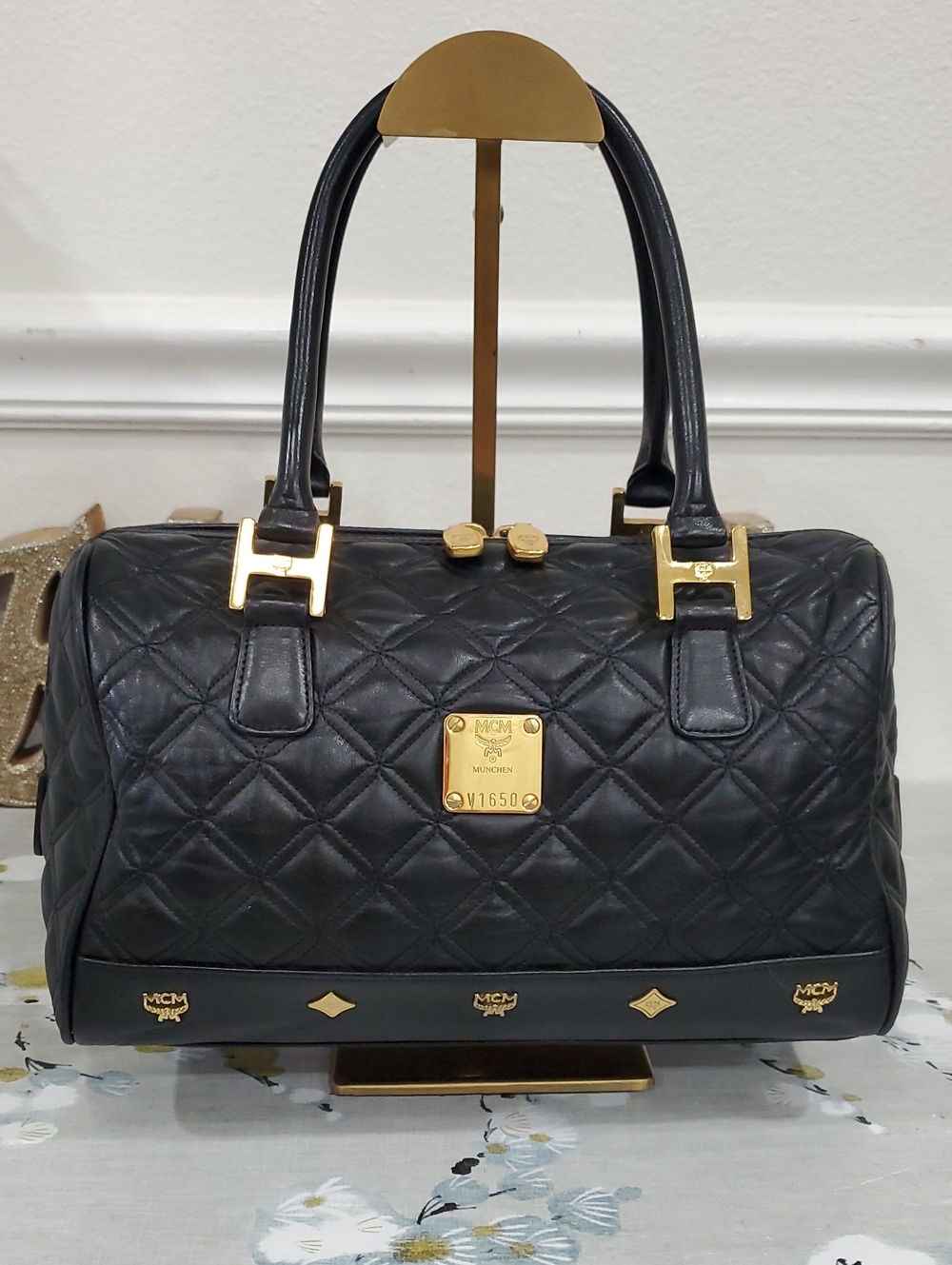 MCM Black Quilted Leather Embellished Boston Bag with Gold Hardware